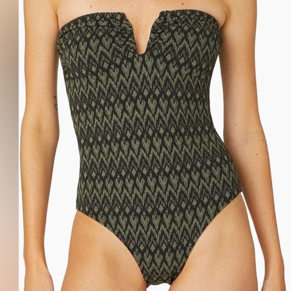 Shoshanna Elegant Geometric One-Piece Swimsuit in Black and Olive NEW